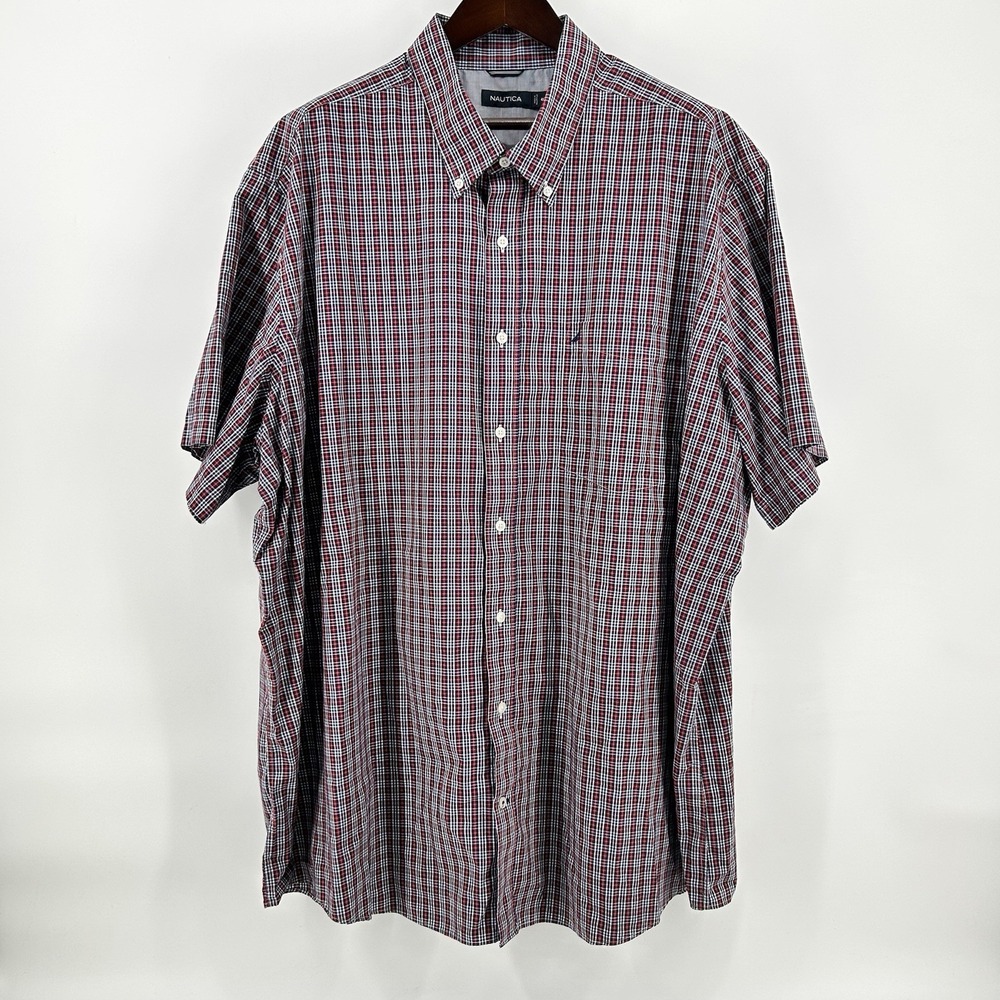 Nautica Plaid Shirt Mens 4XL Red Navy Blue Short Sleeve Nautical Big & Tall